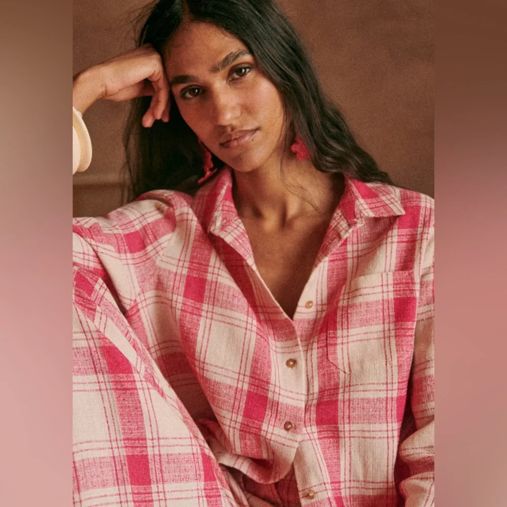 Sezane Tomboy Button-Up Shirt Plaid Pink White Maxi Check Sz 6 NWT Linen Blend - Picture 7 of 11